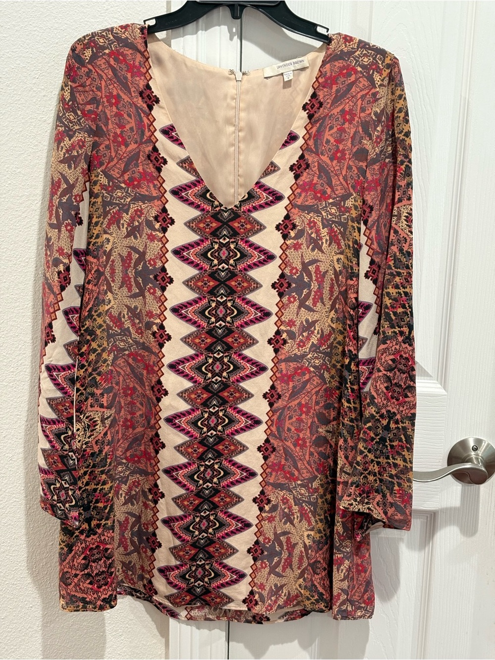 Lavender Brown Silk Chiffon Dress Multicolor Geometric V-Neck S